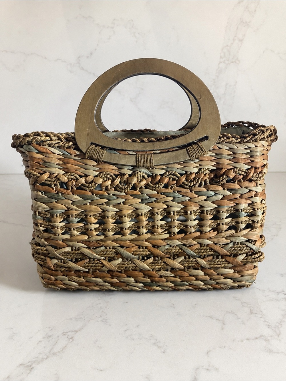 Woven Natural Fiber Handbag Wood Handles Boho Coastal Purse